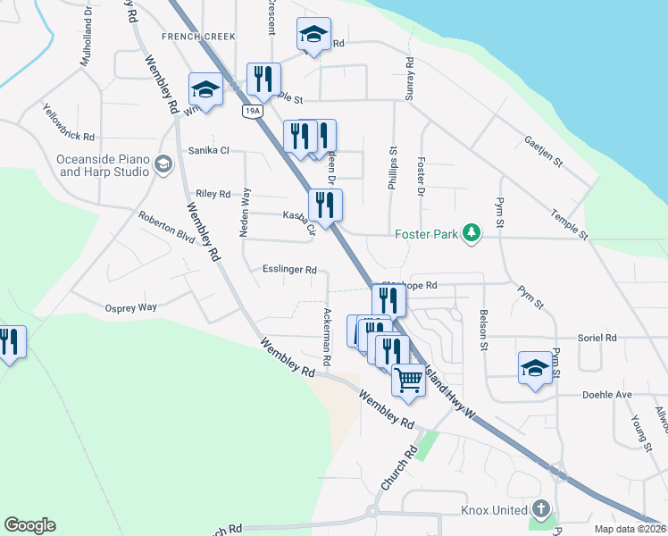 map of restaurants, bars, coffee shops, grocery stores, and more near 588 Castle Way in Parksville