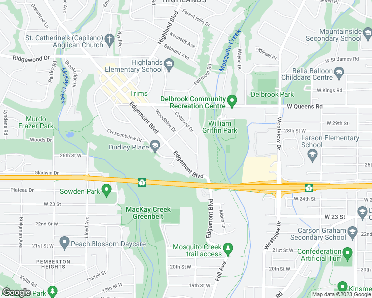 map of restaurants, bars, coffee shops, grocery stores, and more near 2673 Woodbine Drive in North Vancouver