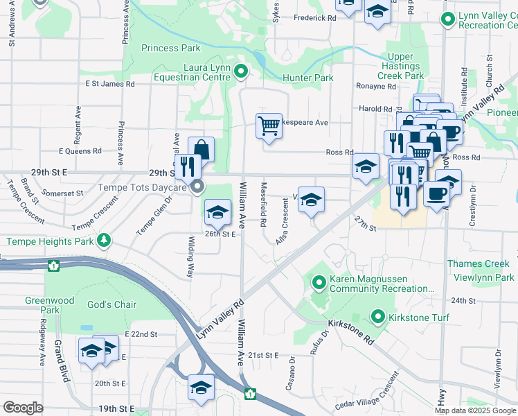 map of restaurants, bars, coffee shops, grocery stores, and more near 2733 Masefield Road in North Vancouver