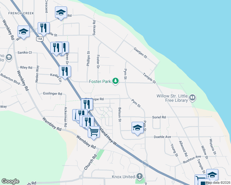 map of restaurants, bars, coffee shops, grocery stores, and more near 795 Parkside Crescent in Parksville