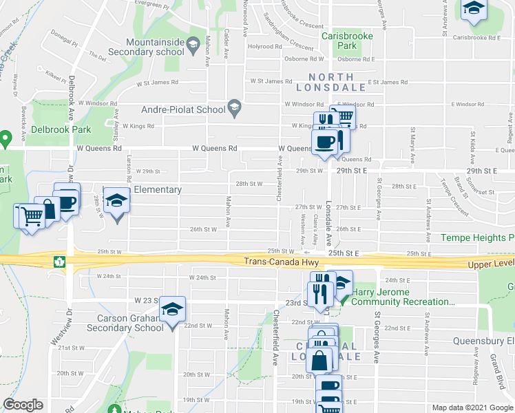 map of restaurants, bars, coffee shops, grocery stores, and more near 229 27th Street West in North Vancouver