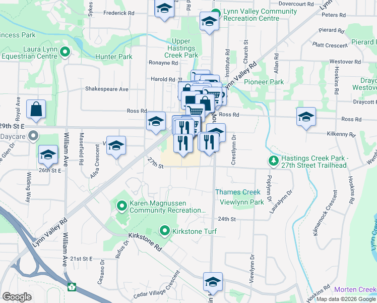 map of restaurants, bars, coffee shops, grocery stores, and more near 2780 Valley Centre Avenue in North Vancouver