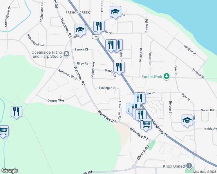 map of restaurants, bars, coffee shops, grocery stores, and more near 599 Castle Way in Parksville