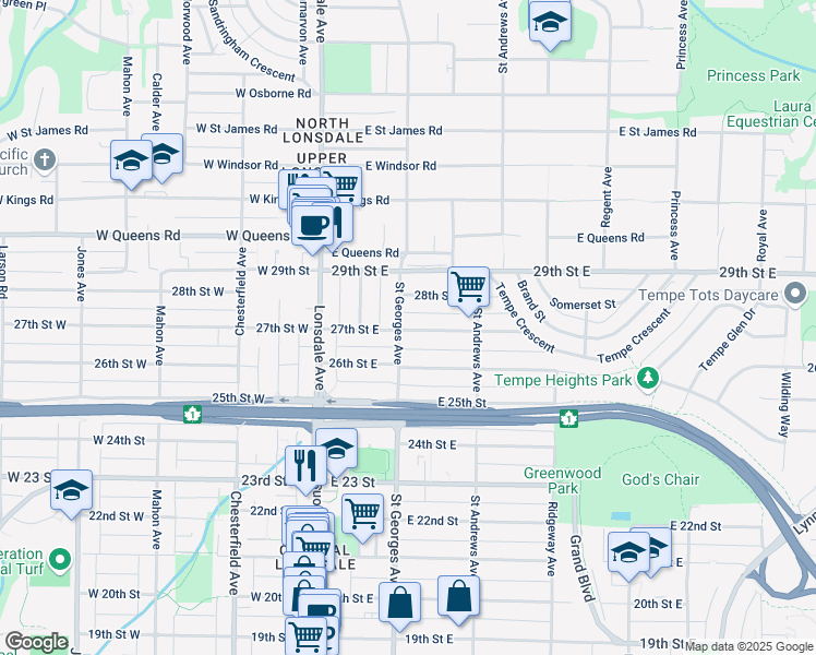 map of restaurants, bars, coffee shops, grocery stores, and more near 206 E 27 St in North Vancouver