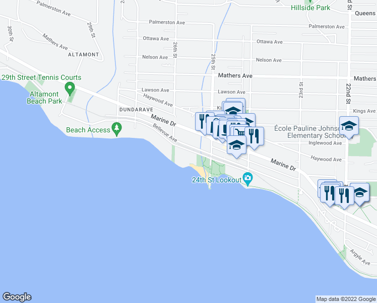 map of restaurants, bars, coffee shops, grocery stores, and more near 2560 Bellevue Avenue in West Vancouver