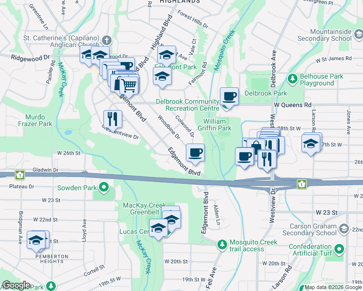 map of restaurants, bars, coffee shops, grocery stores, and more near 2556 Edgemont Boulevard in North Vancouver