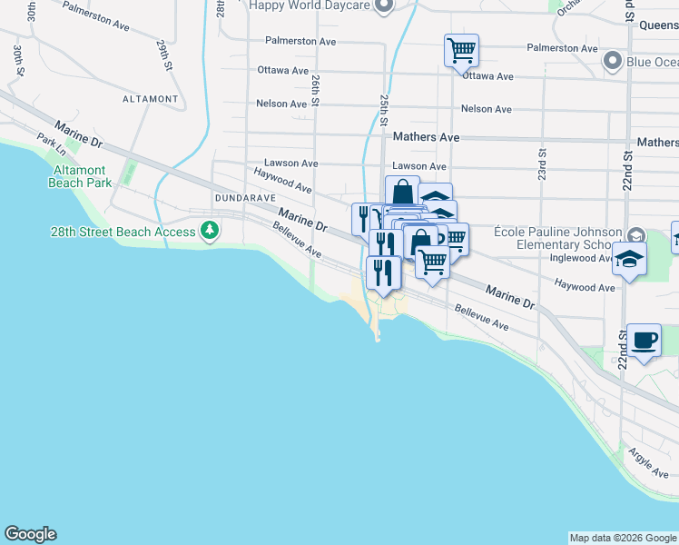 map of restaurants, bars, coffee shops, grocery stores, and more near 2560 Bellevue Avenue in West Vancouver