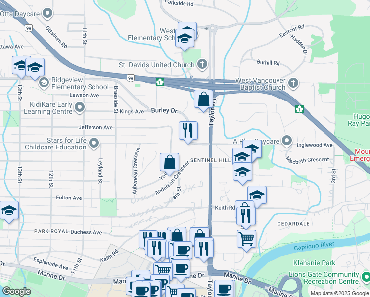 map of restaurants, bars, coffee shops, grocery stores, and more near 780 Inglewood Avenue in West Vancouver