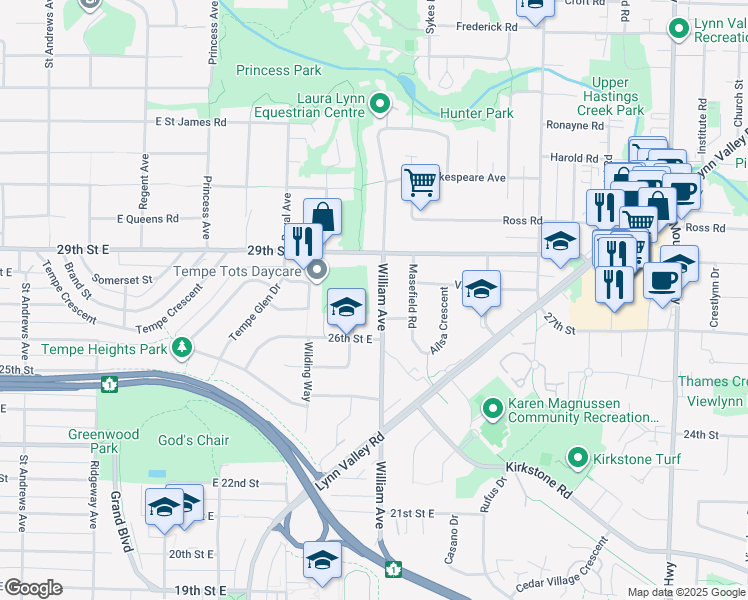 map of restaurants, bars, coffee shops, grocery stores, and more near 2751 William Avenue in North Vancouver