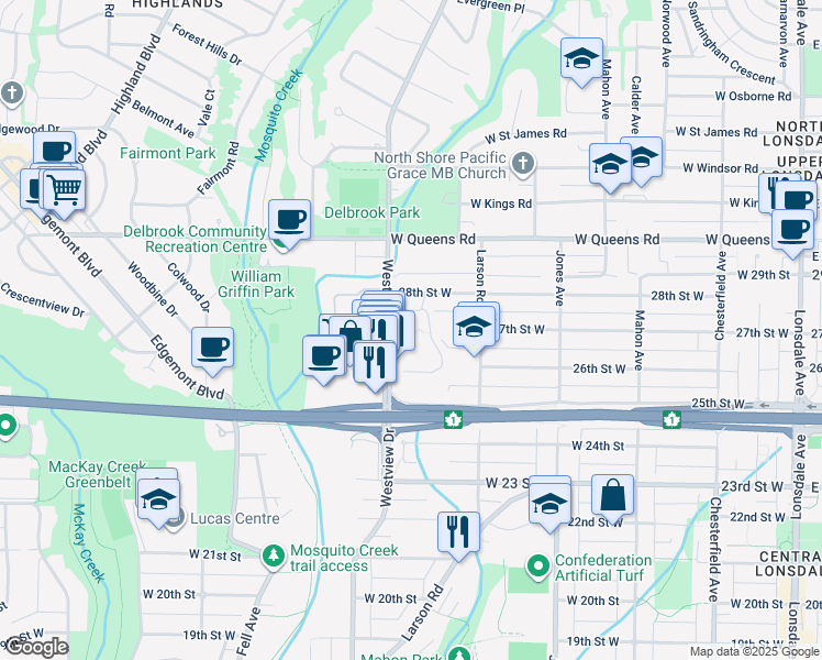 map of restaurants, bars, coffee shops, grocery stores, and more near 555 28th Street West in North Vancouver