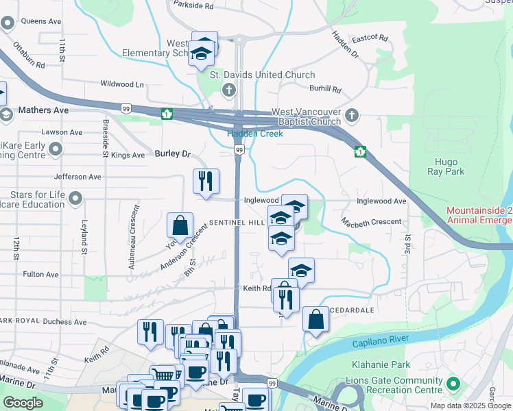 map of restaurants, bars, coffee shops, grocery stores, and more near 695 Burley Drive in West Vancouver