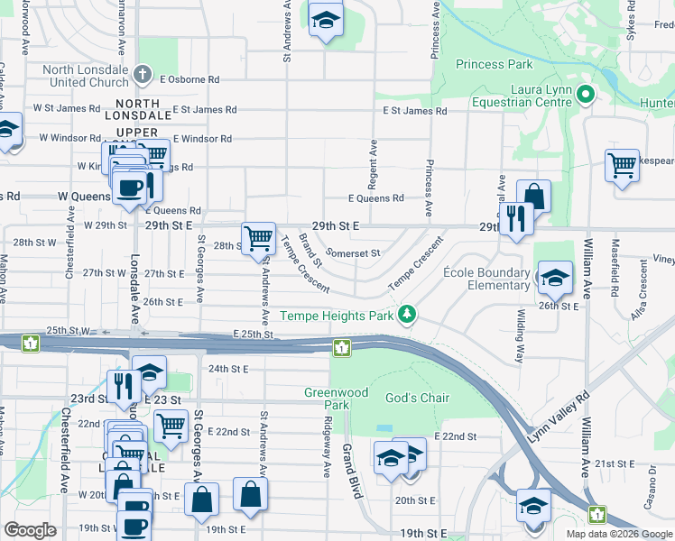 map of restaurants, bars, coffee shops, grocery stores, and more near 402 Brand Street in North Vancouver