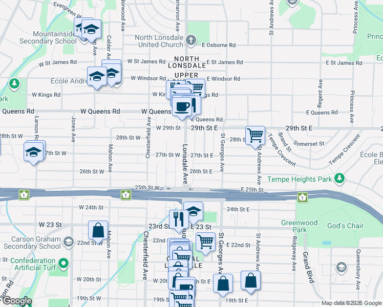 map of restaurants, bars, coffee shops, grocery stores, and more near 2710 Lonsdale Avenue in North Vancouver