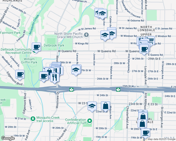 map of restaurants, bars, coffee shops, grocery stores, and more near 425 28th Street West in North Vancouver