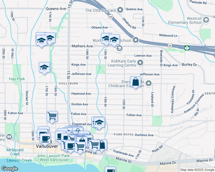 map of restaurants, bars, coffee shops, grocery stores, and more near 1296 Inglewood Avenue in West Vancouver