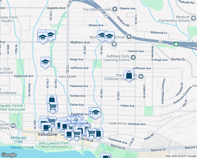 map of restaurants, bars, coffee shops, grocery stores, and more near 1318 Inglewood Avenue in West Vancouver