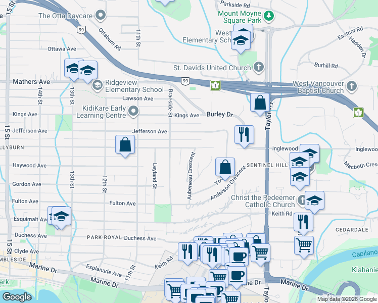 map of restaurants, bars, coffee shops, grocery stores, and more near 1095 Aubeneau Crescent in West Vancouver