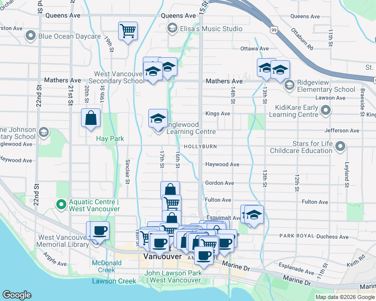 map of restaurants, bars, coffee shops, grocery stores, and more near 1578 Inglewood Avenue in West Vancouver