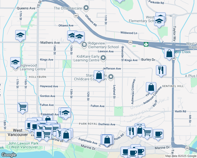 map of restaurants, bars, coffee shops, grocery stores, and more near 1138 Inglewood Avenue in West Vancouver