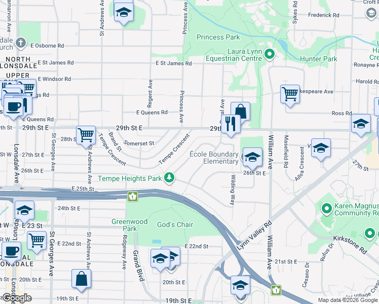 map of restaurants, bars, coffee shops, grocery stores, and more near 2735 Tempe Knoll Drive in North Vancouver