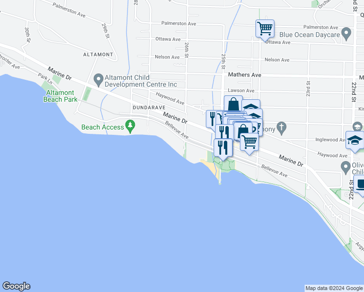 map of restaurants, bars, coffee shops, grocery stores, and more near 2604 Bellevue Avenue in West Vancouver