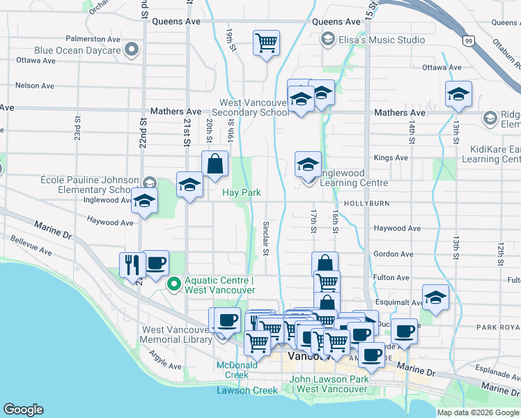 map of restaurants, bars, coffee shops, grocery stores, and more near 1045 Sinclair Street in West Vancouver