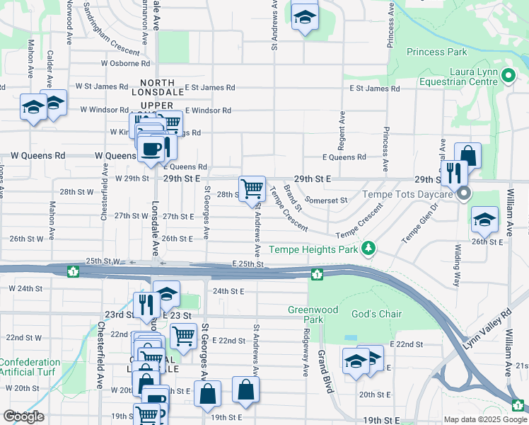 map of restaurants, bars, coffee shops, grocery stores, and more near in North Vancouver