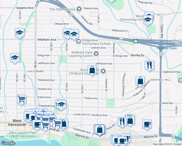 map of restaurants, bars, coffee shops, grocery stores, and more near 1144 Inglewood Avenue in West Vancouver