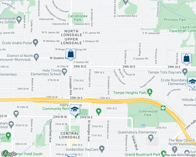 map of restaurants, bars, coffee shops, grocery stores, and more near in North Vancouver