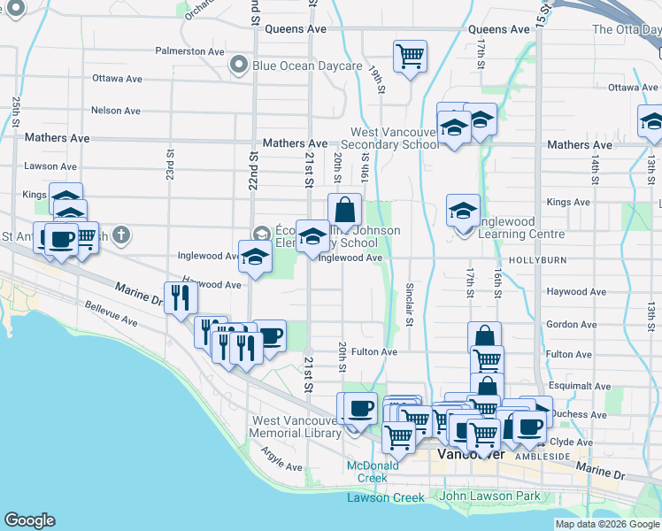 map of restaurants, bars, coffee shops, grocery stores, and more near 2052 Inglewood Avenue in West Vancouver