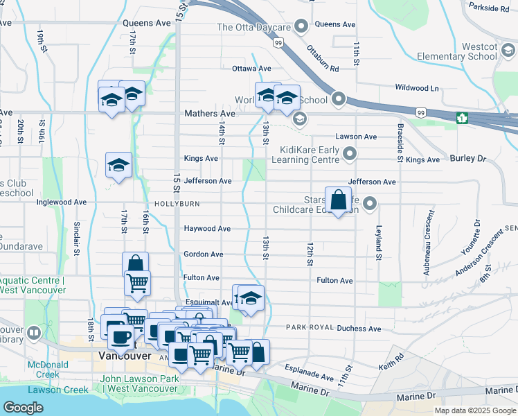 map of restaurants, bars, coffee shops, grocery stores, and more near 1318 Inglewood Avenue in West Vancouver