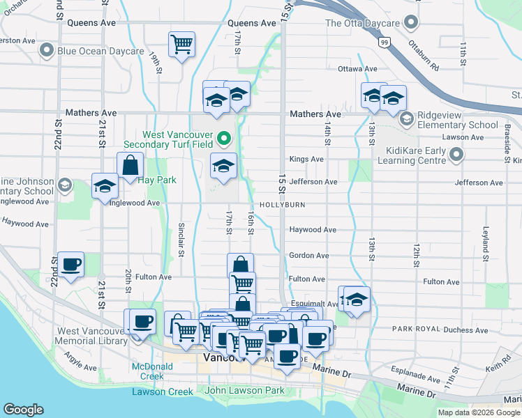 map of restaurants, bars, coffee shops, grocery stores, and more near 1588 Inglewood Avenue in West Vancouver