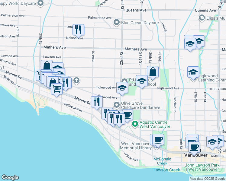map of restaurants, bars, coffee shops, grocery stores, and more near 2226 Inglewood Avenue in West Vancouver