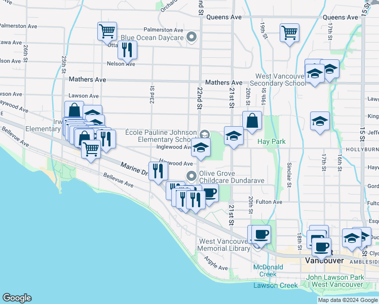 map of restaurants, bars, coffee shops, grocery stores, and more near 2218 Inglewood Avenue in West Vancouver