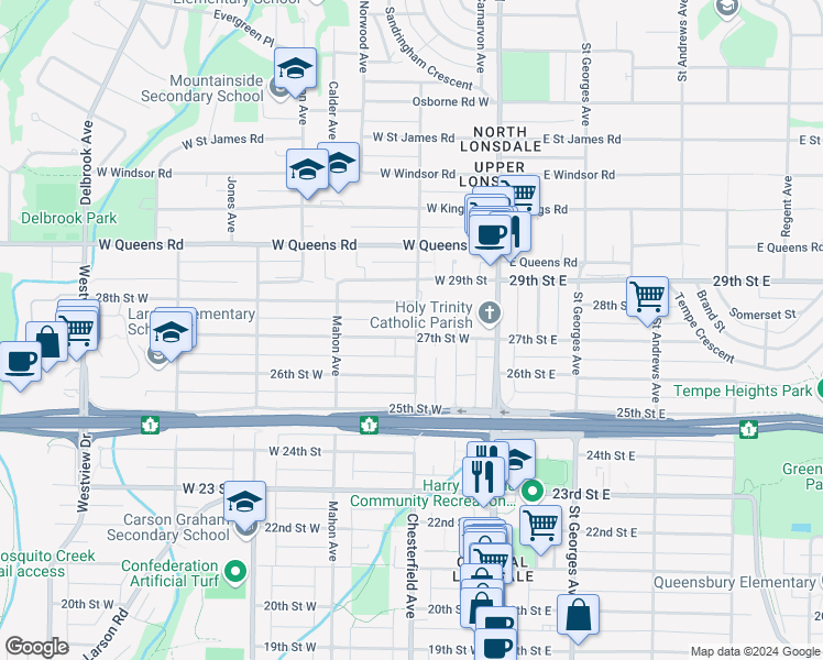 map of restaurants, bars, coffee shops, grocery stores, and more near 202 27th Street West in North Vancouver