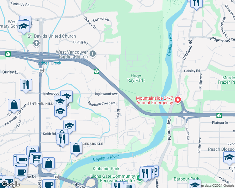map of restaurants, bars, coffee shops, grocery stores, and more near 310 Inglewood Avenue in West Vancouver