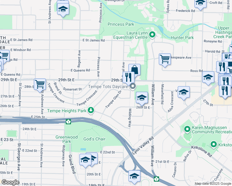 map of restaurants, bars, coffee shops, grocery stores, and more near 2890 Tempe Knoll Drive in North Vancouver