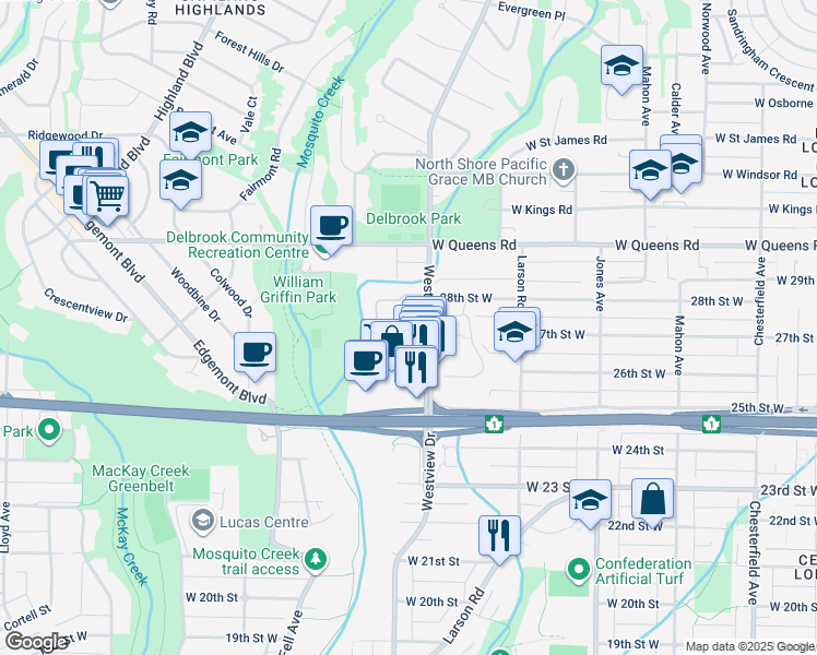 map of restaurants, bars, coffee shops, grocery stores, and more near 980 Westview Crescent in North Vancouver