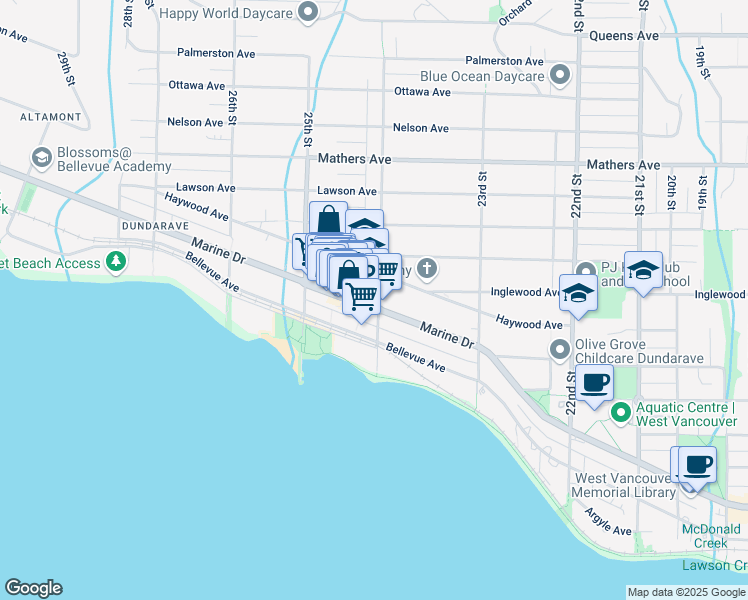 map of restaurants, bars, coffee shops, grocery stores, and more near 103-2401 Marine Drive in West Vancouver