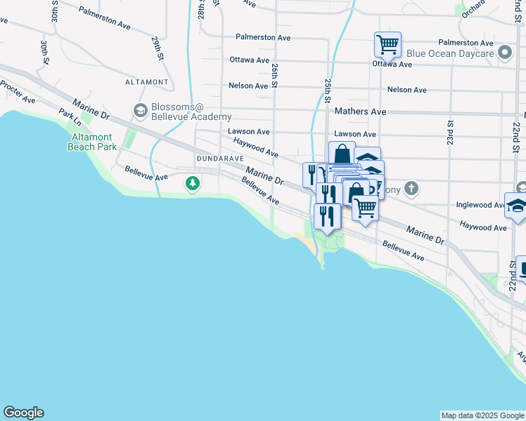map of restaurants, bars, coffee shops, grocery stores, and more near 2612 Bellevue Avenue in West Vancouver