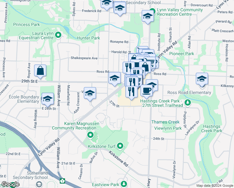 map of restaurants, bars, coffee shops, grocery stores, and more near 1149 Lynn Valley Road in North Vancouver