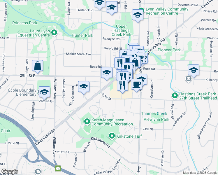 map of restaurants, bars, coffee shops, grocery stores, and more near 1149 Lynn Valley Road in North Vancouver