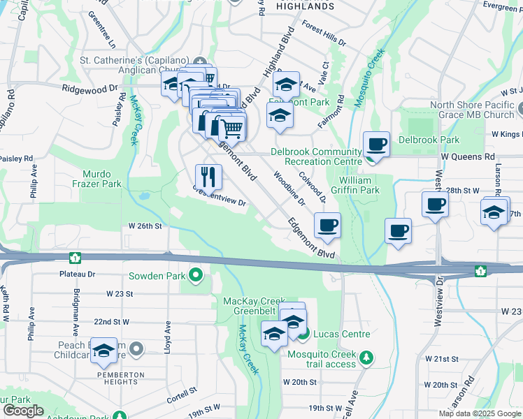 map of restaurants, bars, coffee shops, grocery stores, and more near 2658 Newmarket Drive in North Vancouver