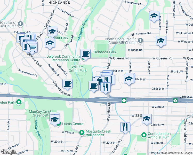 map of restaurants, bars, coffee shops, grocery stores, and more near 613 Westview Crescent in North Vancouver