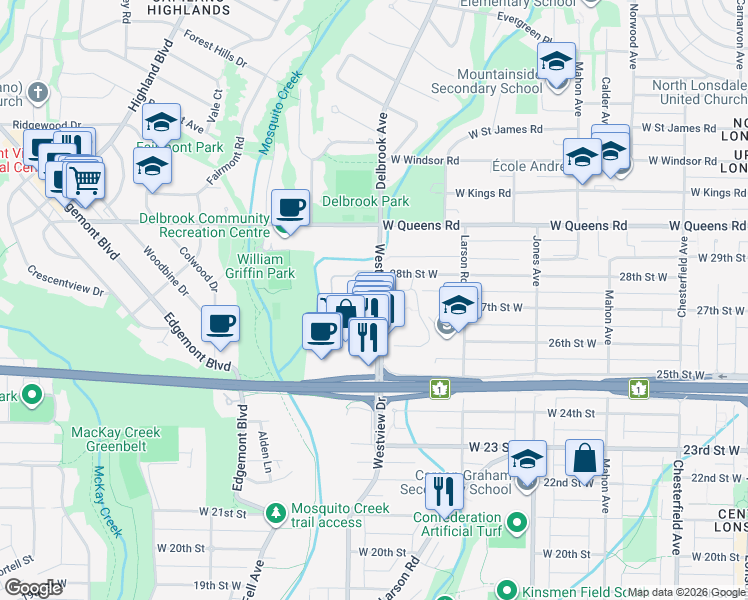 map of restaurants, bars, coffee shops, grocery stores, and more near 605 Westview Place in North Vancouver