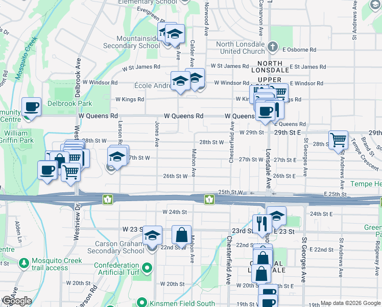 map of restaurants, bars, coffee shops, grocery stores, and more near 261 28th Street West in North Vancouver