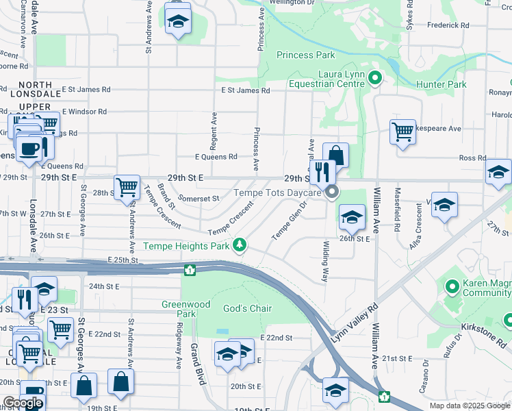 map of restaurants, bars, coffee shops, grocery stores, and more near 541 Tempe Crescent in North Vancouver