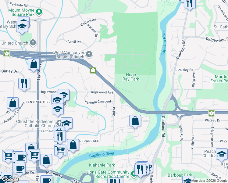 map of restaurants, bars, coffee shops, grocery stores, and more near 992 3rd Street in West Vancouver