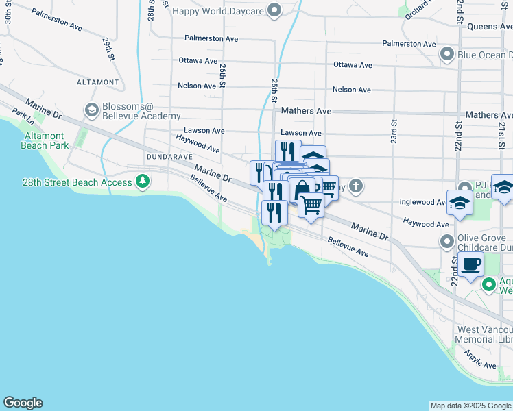 map of restaurants, bars, coffee shops, grocery stores, and more near 2531 Bellevue Avenue in West Vancouver