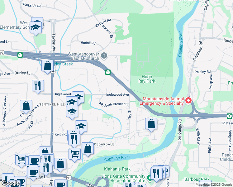 map of restaurants, bars, coffee shops, grocery stores, and more near 375 Inglewood Avenue in West Vancouver